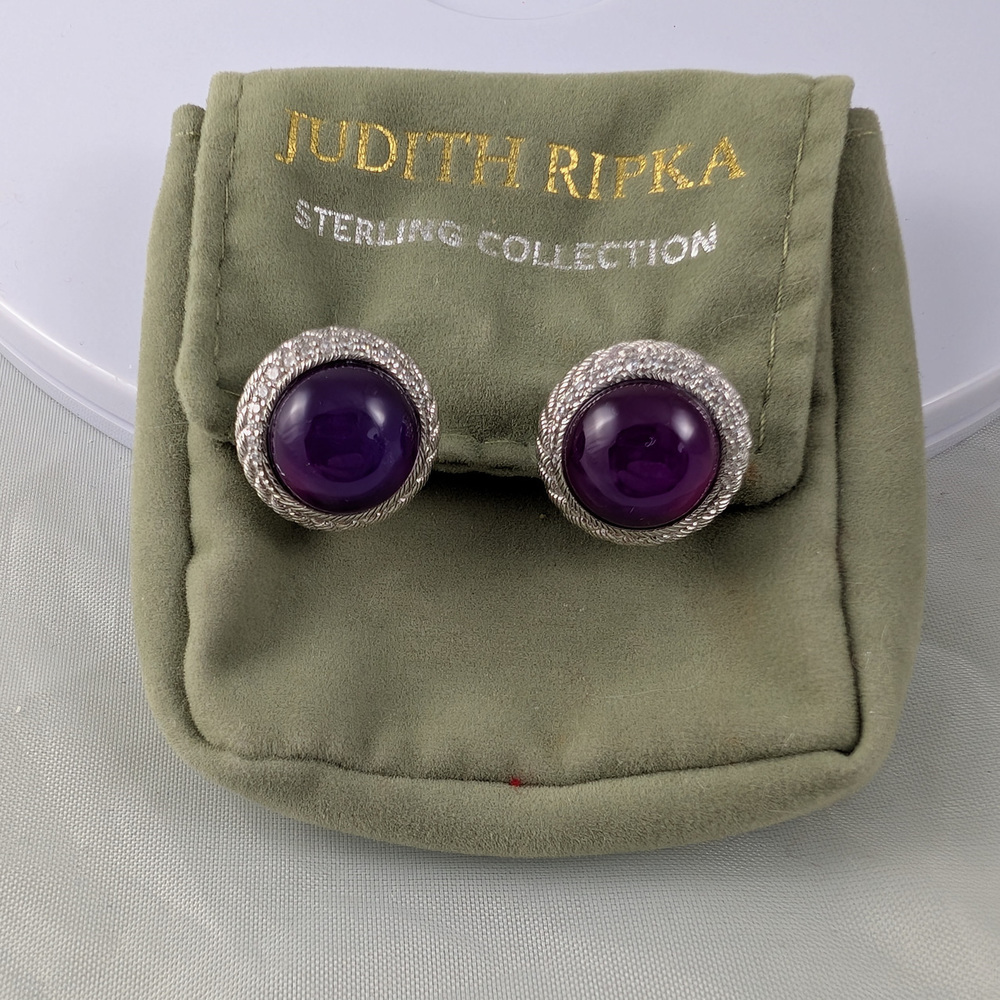 Judith Ripka Amethyst Bezel 925 SS CZ Earrings - Picture 2 of 5